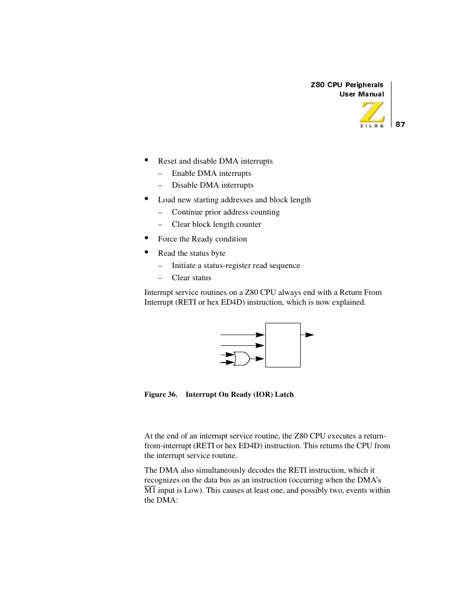 Figure 36. interrupt on ready (ior) latch, Return from interrupt | Zilog Z08470 User Manual | Page 105 / 330