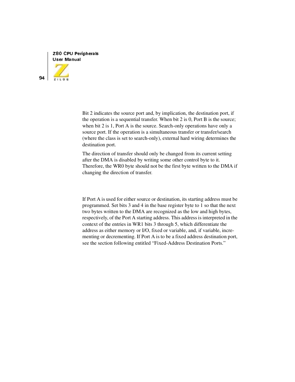 Source and destination, Port a starting address | Zilog Z08470 User Manual | Page 112 / 330