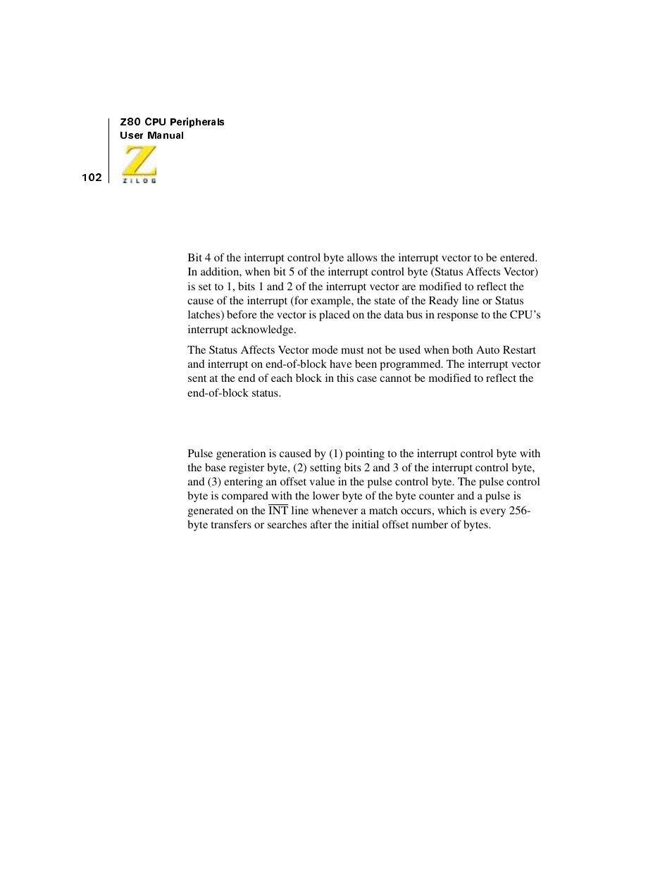 Interrupt vector, Pulse generation | Zilog Z08470 User Manual | Page 120 / 330