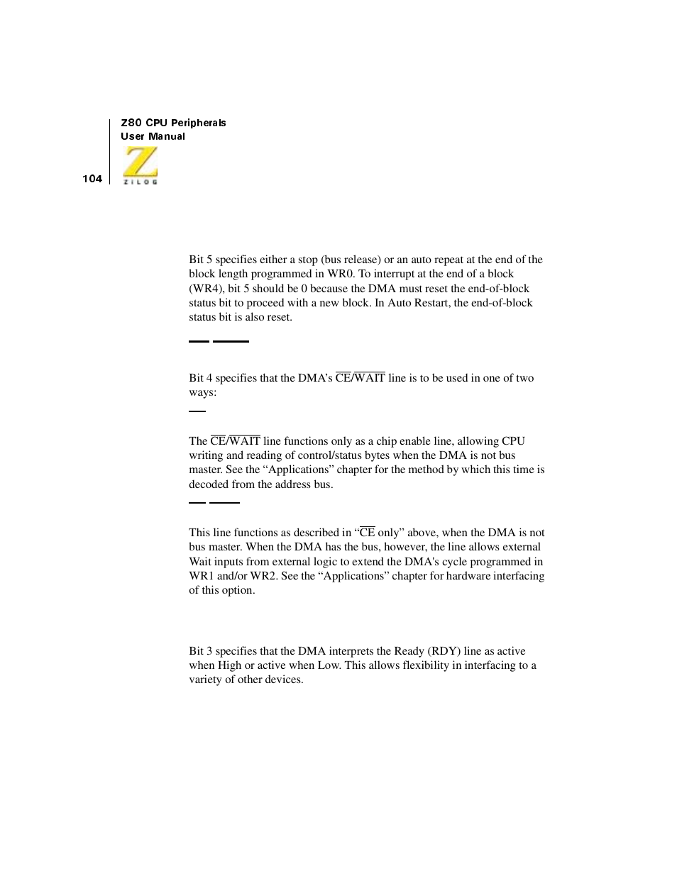 End-of-block action, Ce/wait line use, Ready-line state | Zilog Z08470 User Manual | Page 122 / 330