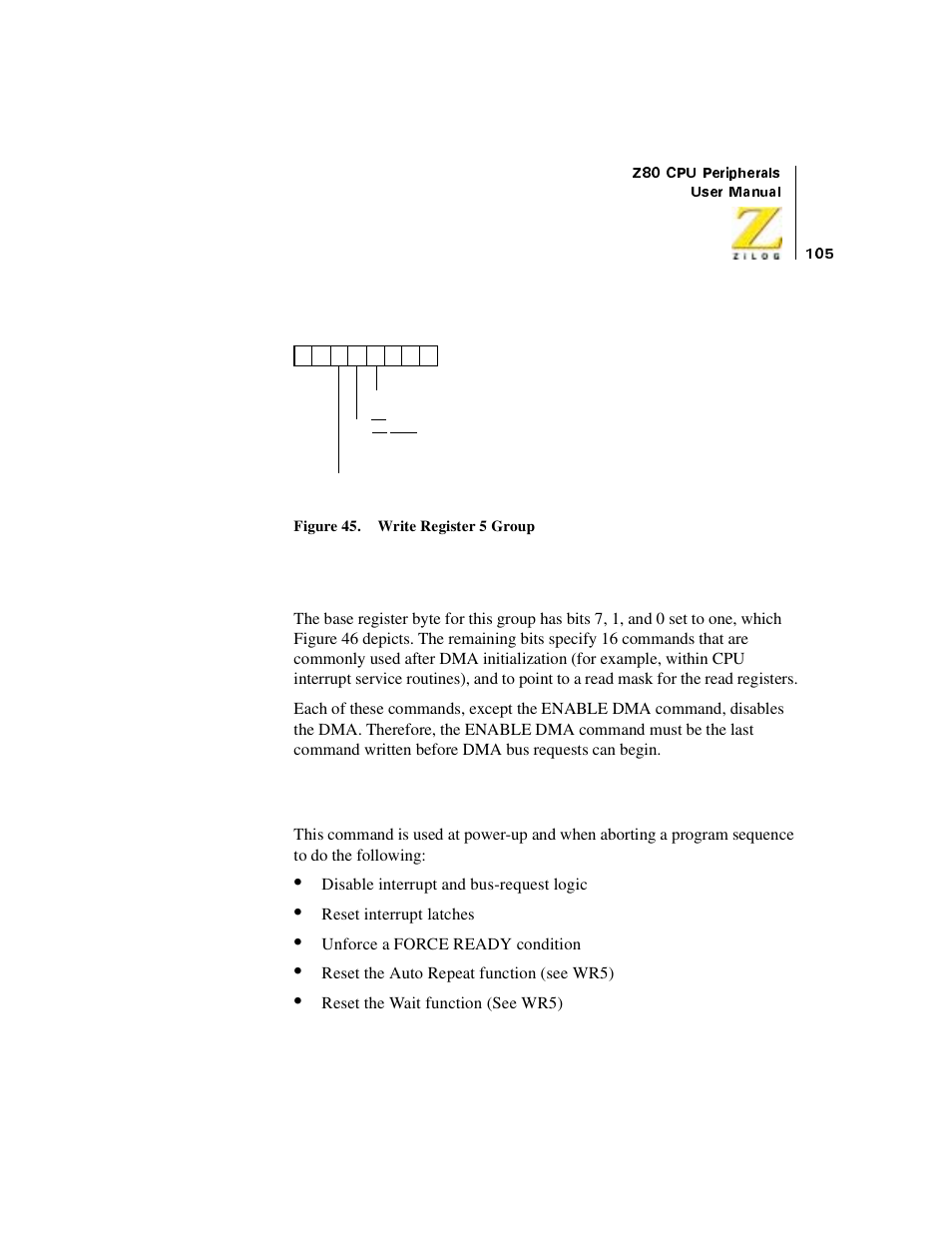 Write register 6 group, Figure 45. write register 5 group, Reset (c3) | Zilog Z08470 User Manual | Page 123 / 330