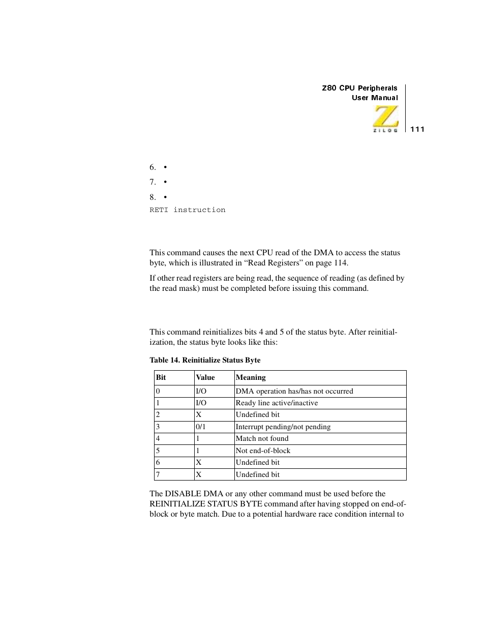 Table 14, Reinitialize status byte, Read status byte (bf) | Reinitialize status byte (8b) | Zilog Z08470 User Manual | Page 129 / 330
