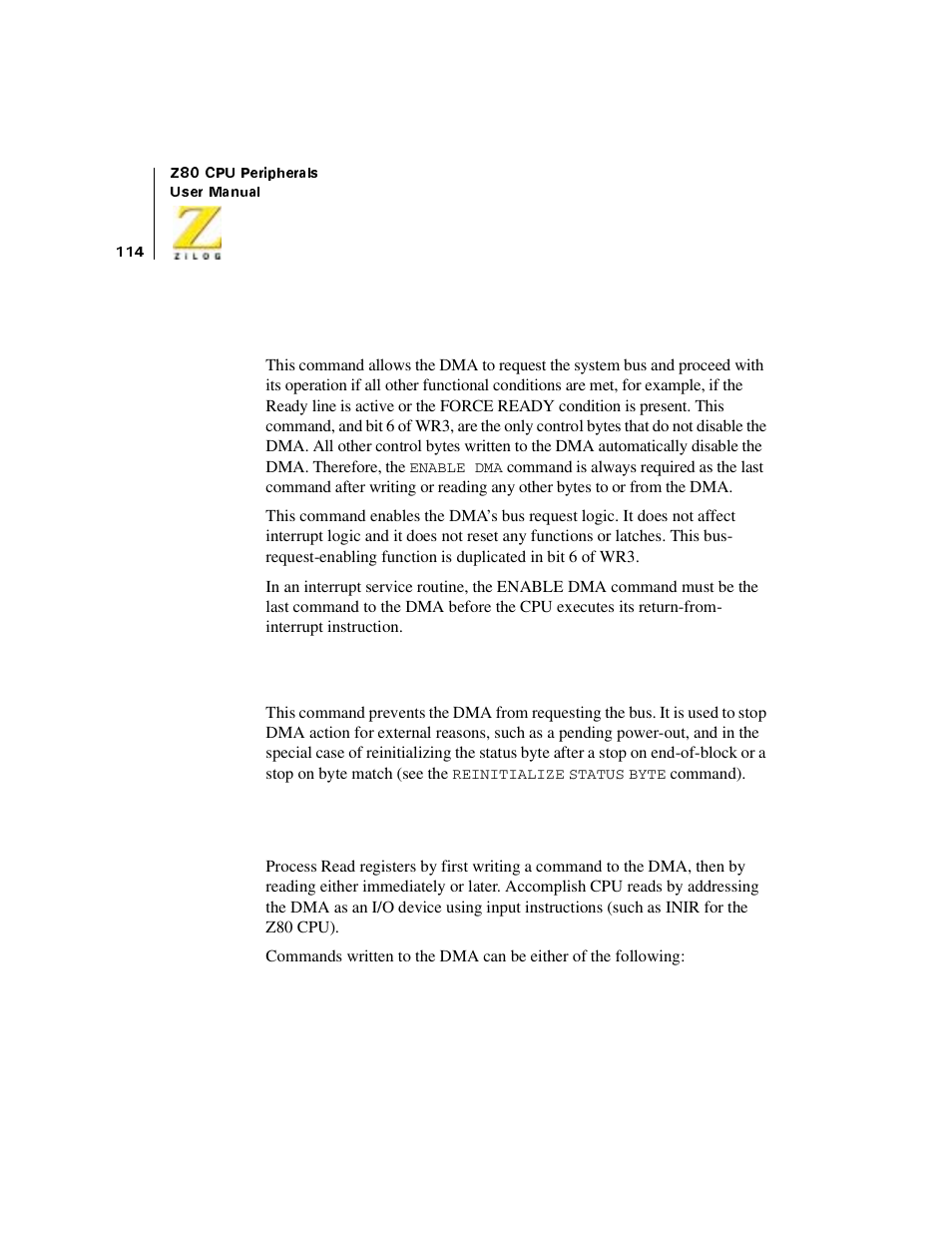 Read registers, Enable dma (87), Disable dma (83) | Zilog Z08470 User Manual | Page 132 / 330