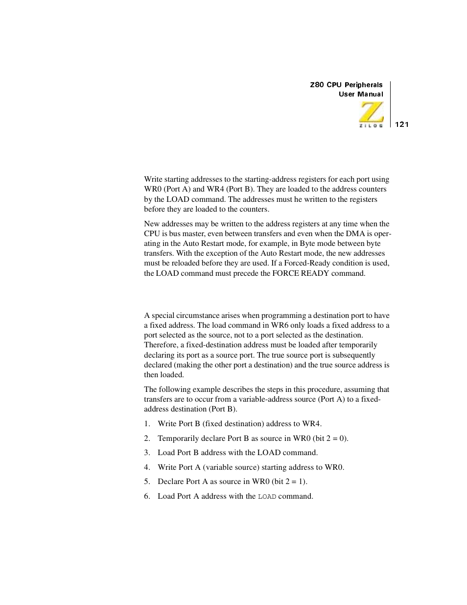 Address loading, Fixed-address destination ports | Zilog Z08470 User Manual | Page 139 / 330