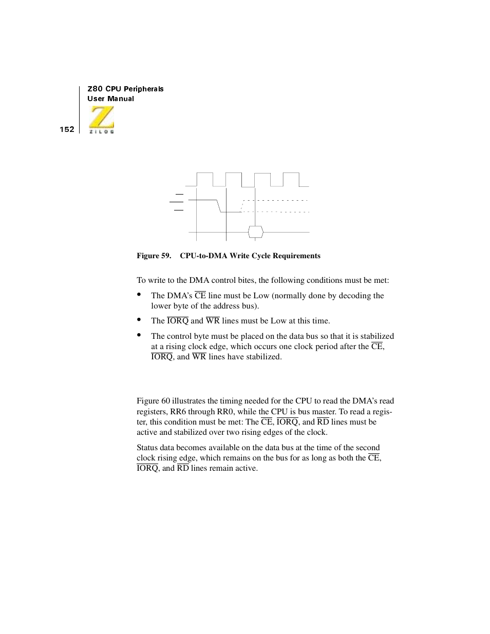 Figure 59. cpu-to-dma write cycle requirements, Reading status bytes | Zilog Z08470 User Manual | Page 170 / 330