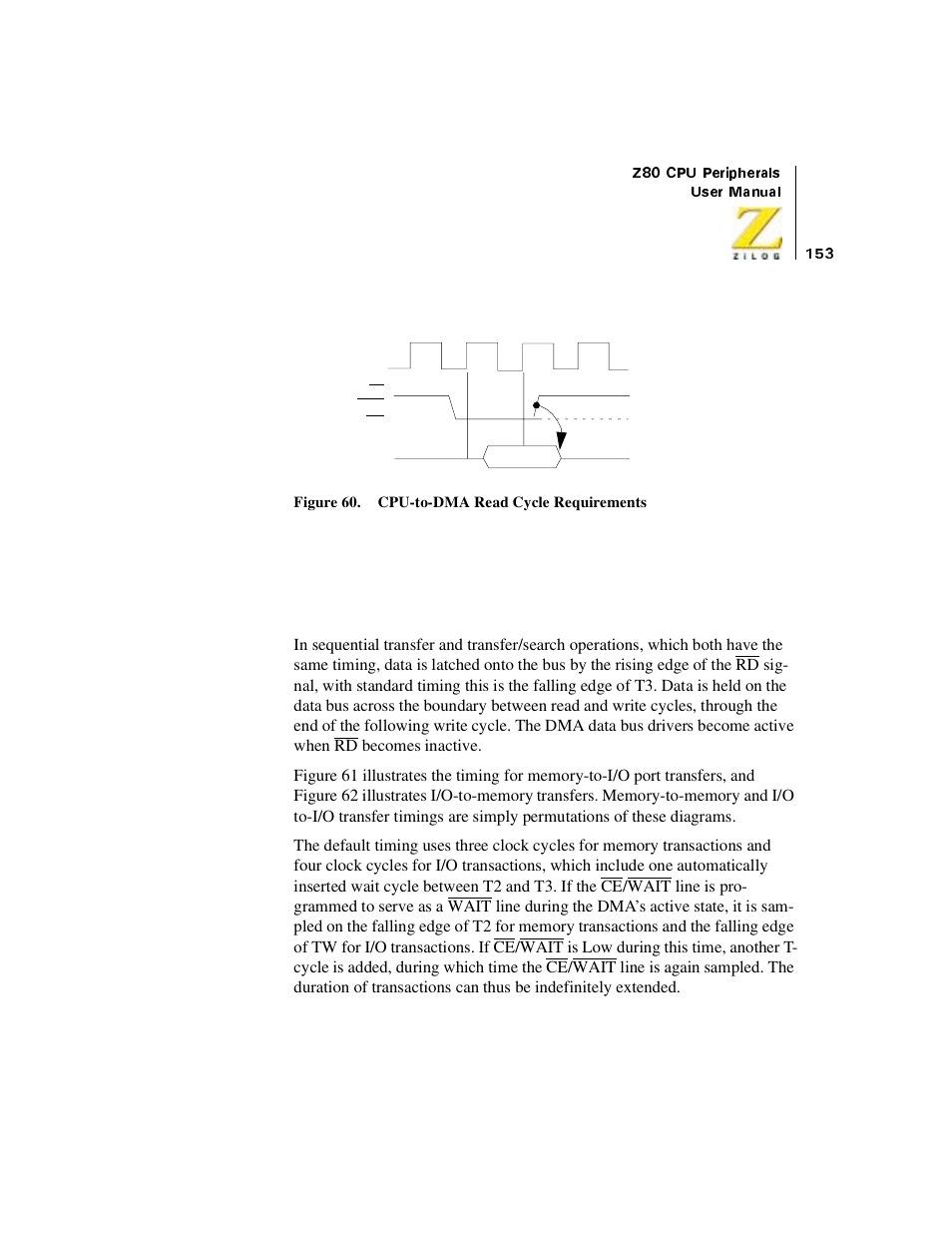 The dma as bus master, Figure 60. cpu-to-dma read cycle requirements, Sequential transfers | Zilog Z08470 User Manual | Page 171 / 330