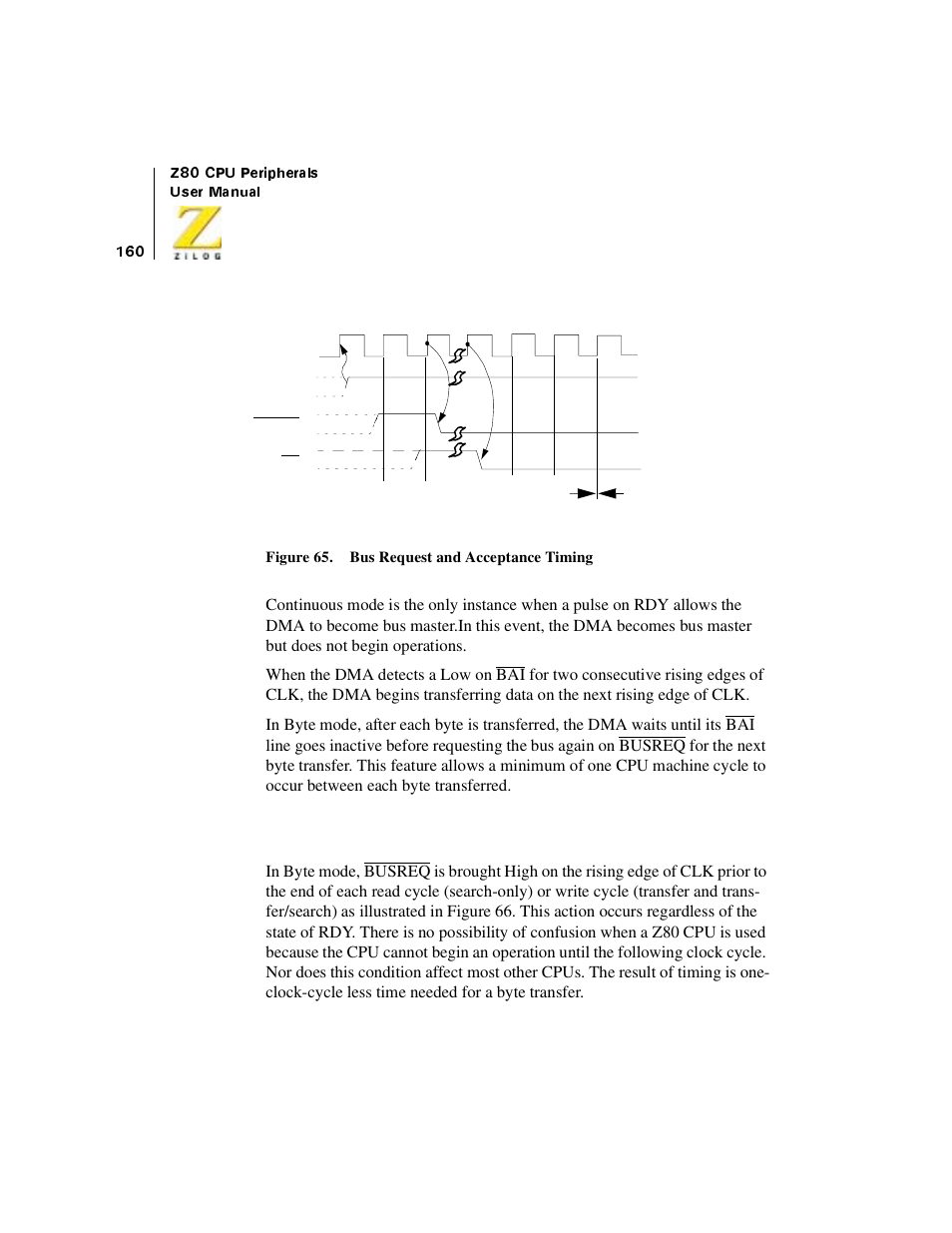 Figure 65. bus request and acceptance timing, Bus release byte-at-a-time | Zilog Z08470 User Manual | Page 178 / 330