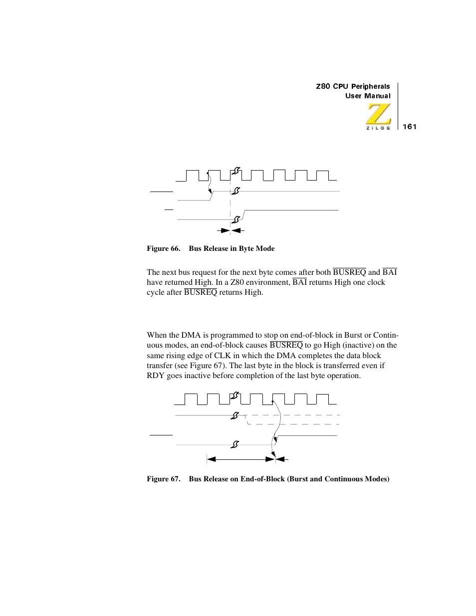 Figure 66. bus release in byte mode, Figure 67. bus release on end-of-block (burst and, Continuous modes) | Bus release on end-of-block | Zilog Z08470 User Manual | Page 179 / 330