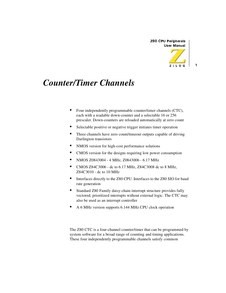 Counter/timer channels, Ctc features, Ctc general description | Zilog Z08470 User Manual | Page 19 / 330