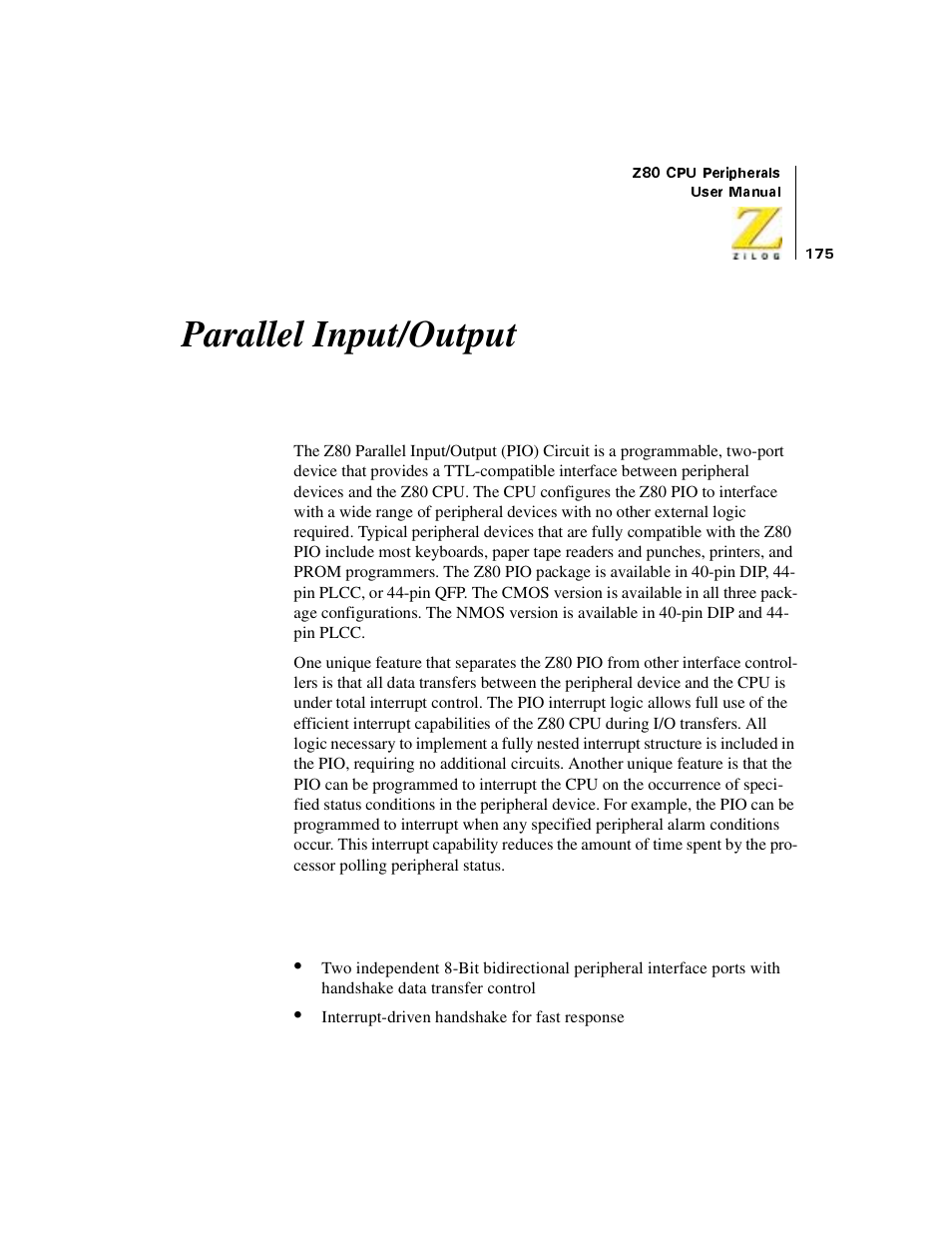 Parallel input/output, Overview, Features | Overview features | Zilog Z08470 User Manual | Page 195 / 330