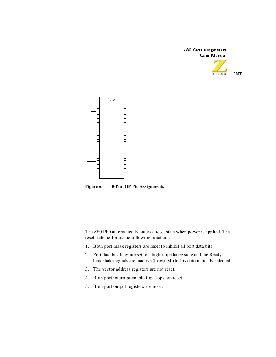 Programming the pio, Reset, Figure 89. 40-pin dip pin assignments | Programming the pio reset | Zilog Z08470 User Manual | Page 207 / 330