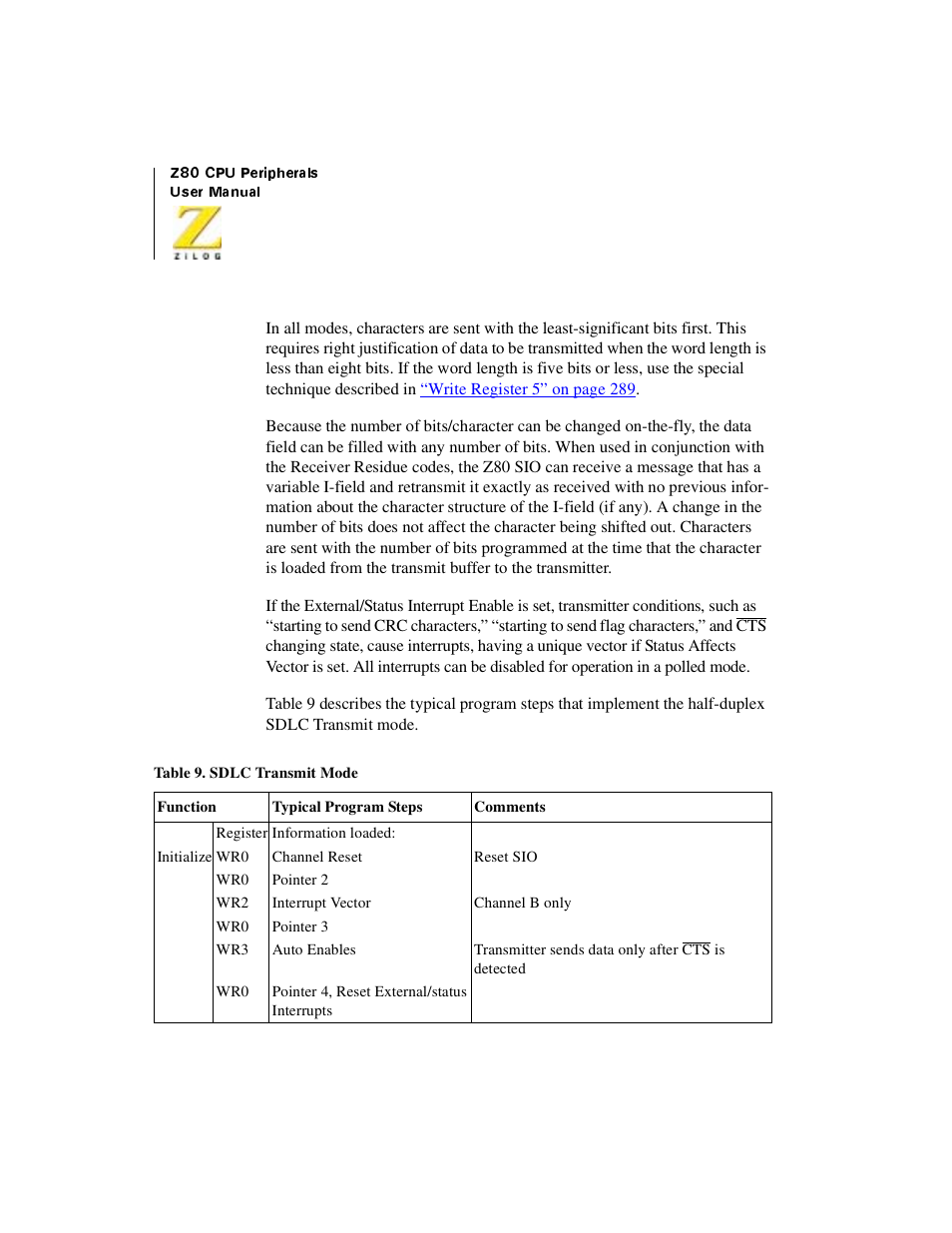 Table 28, Sdlc transmit mode | Zilog Z08470 User Manual | Page 282 / 330