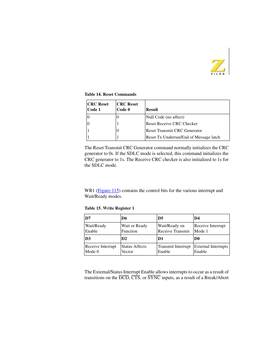 Table 33, Write register 1, Table 34 | Reset commands | Zilog Z08470 User Manual | Page 297 / 330