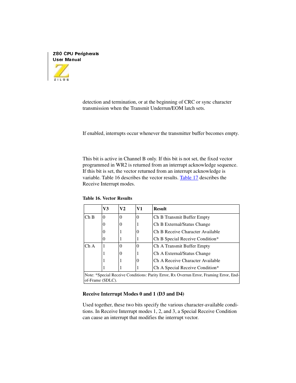 Table 35, Vector results | Zilog Z08470 User Manual | Page 298 / 330