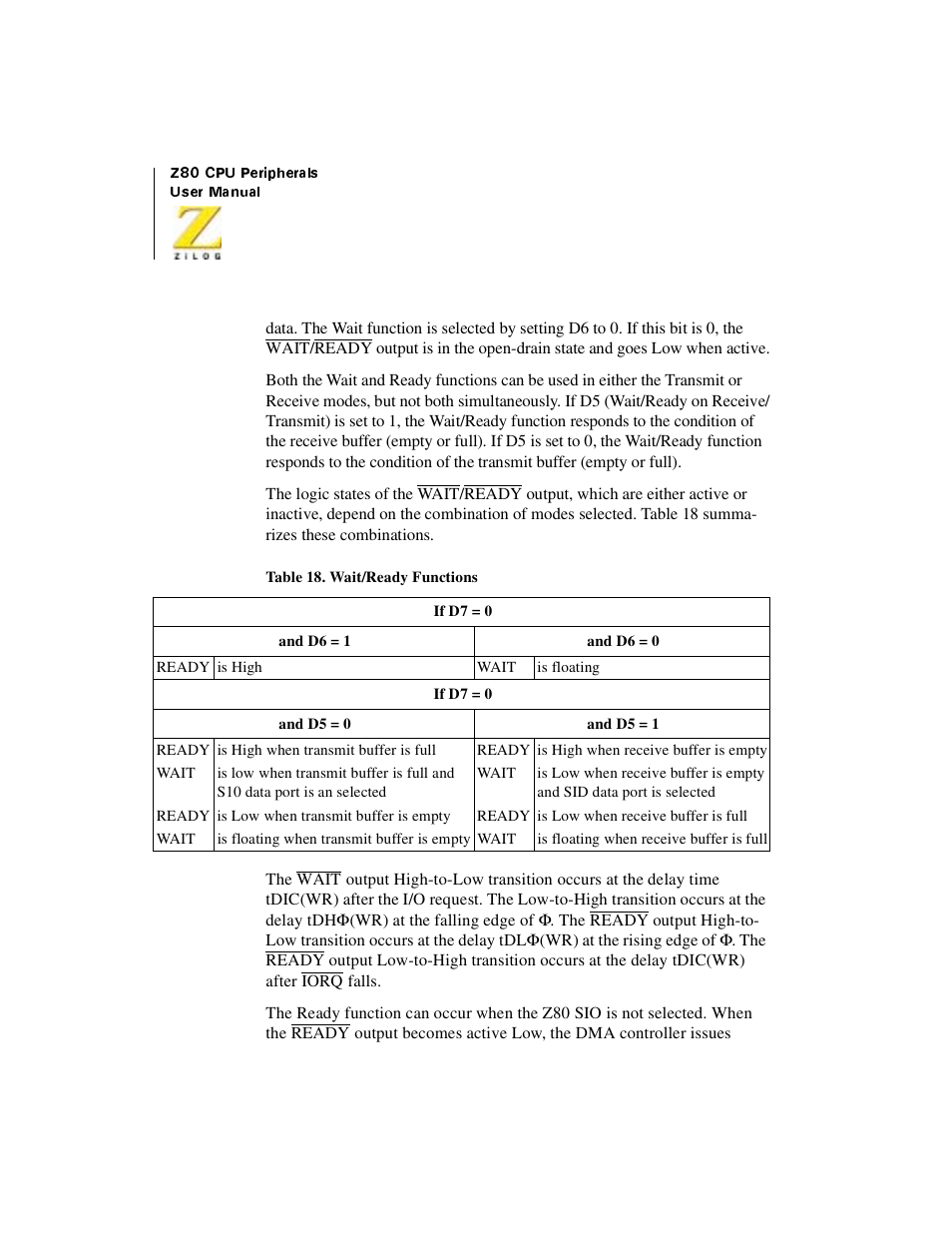 Table 37, Wait/ready functions | Zilog Z08470 User Manual | Page 300 / 330