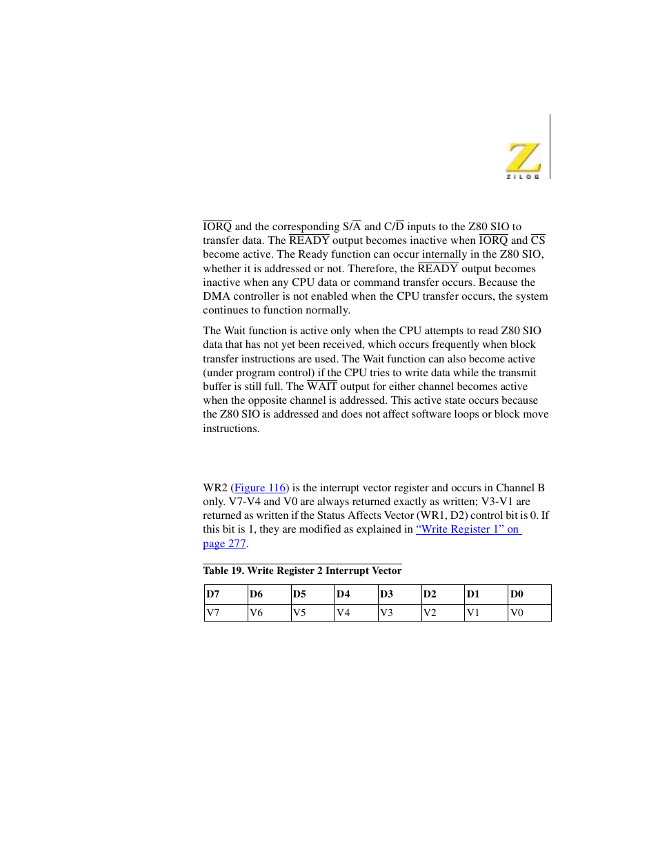 Table 38, Write register 2 interrupt vector, Write register 2 | Zilog Z08470 User Manual | Page 301 / 330