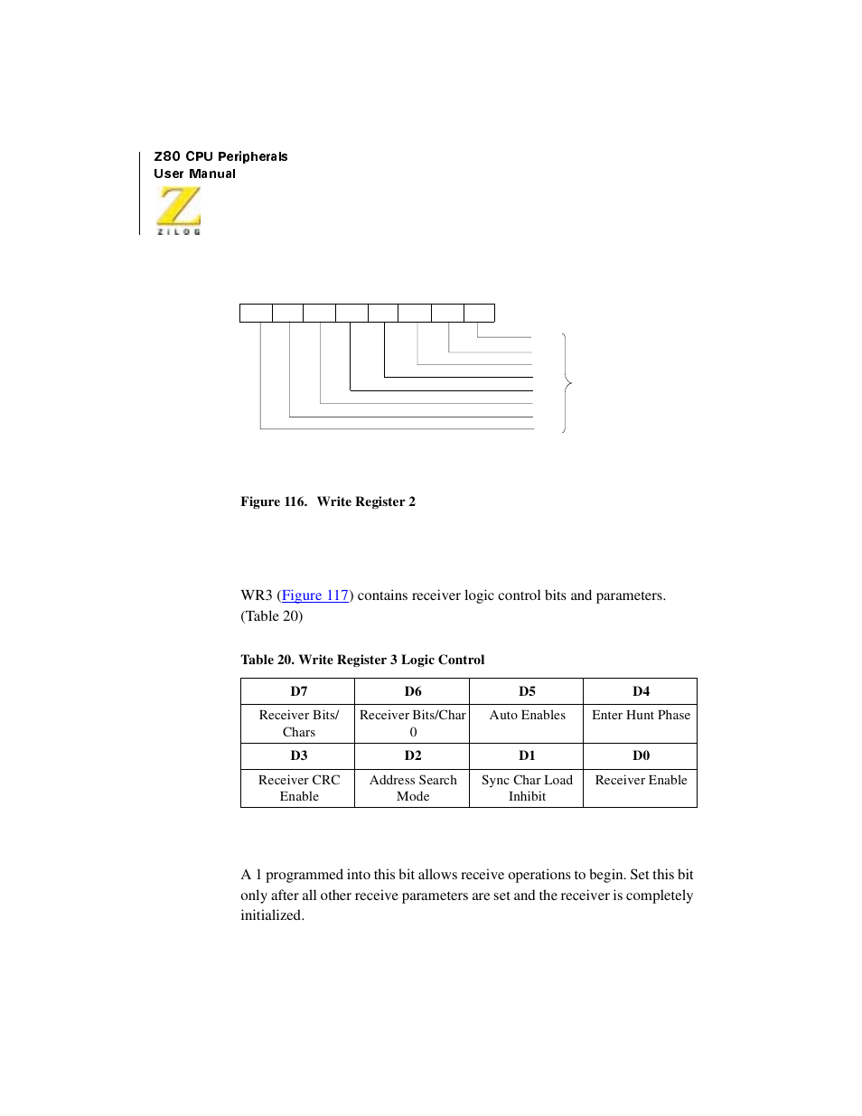 Figure 116. write register 2, Table 39, Write register 3 logic control | Figure 116, Write register 3 | Zilog Z08470 User Manual | Page 302 / 330
