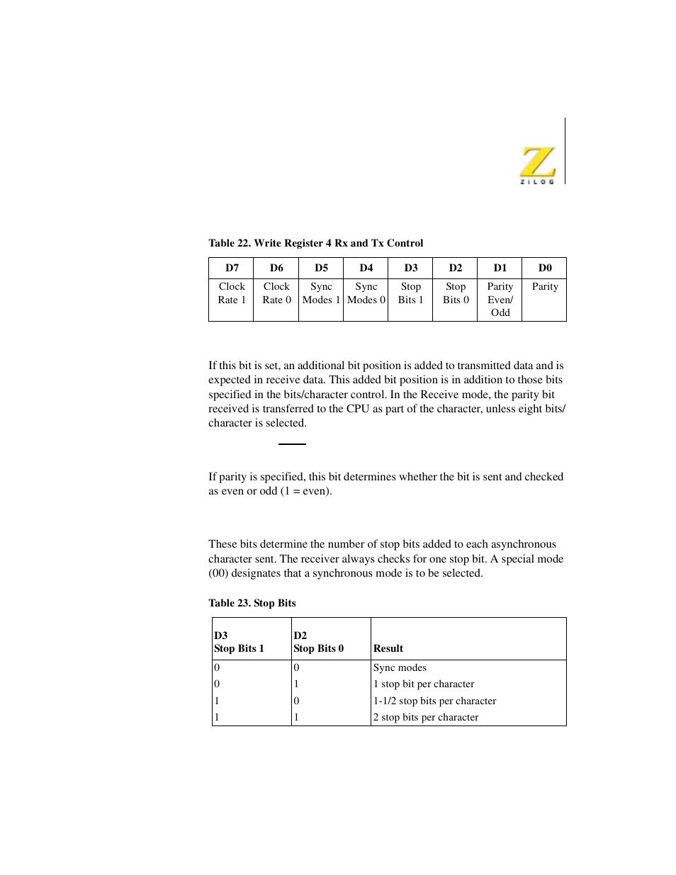 Table 41, Write register 4 rx and tx control, Stop bits | Zilog Z08470 User Manual | Page 305 / 330