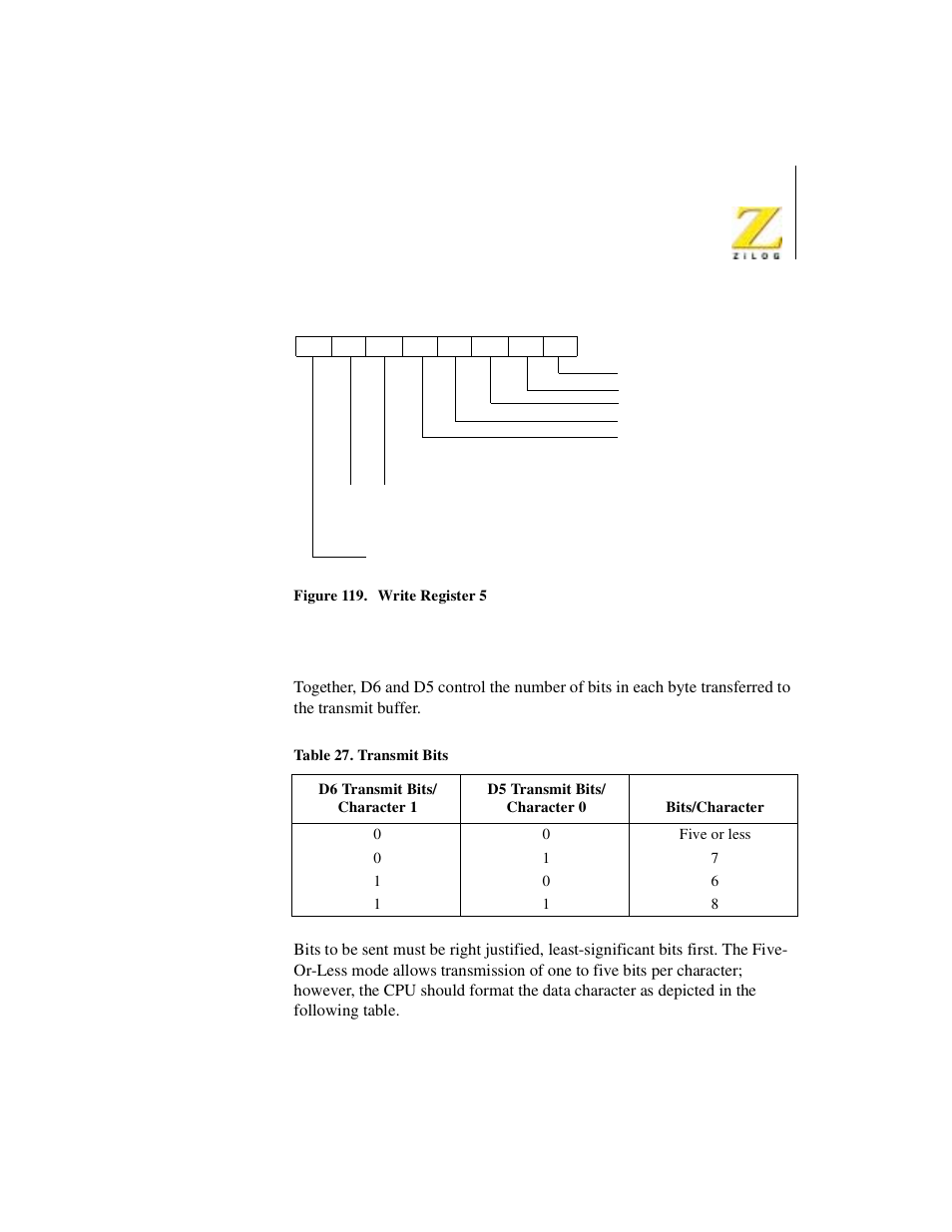 Figure 119. write register 5, Table 46, Transmit bits | Zilog Z08470 User Manual | Page 309 / 330