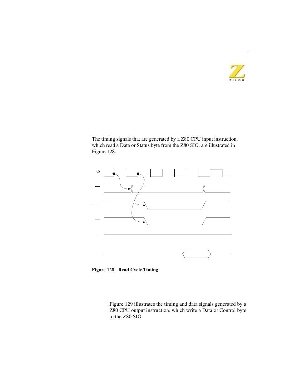Timing, Read cycle, Write cycle | Read cycle write cycle, Figure 128. read cycle timing, Timing read cycle | Zilog Z08470 User Manual | Page 325 / 330