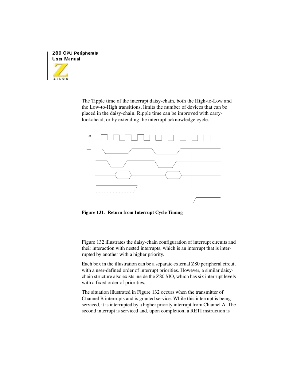 Daisy chain interrupt nesting, Figure 131. return from interrupt cycle timing | Zilog Z08470 User Manual | Page 328 / 330