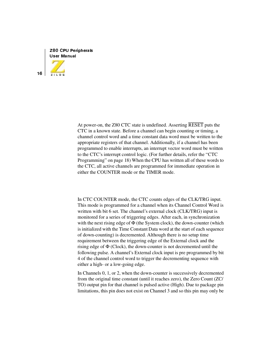 Ctc operating modes, Overview, Ctc counter mode | Overview ctc counter mode, Ctc operating modes overview | Zilog Z08470 User Manual | Page 34 / 330