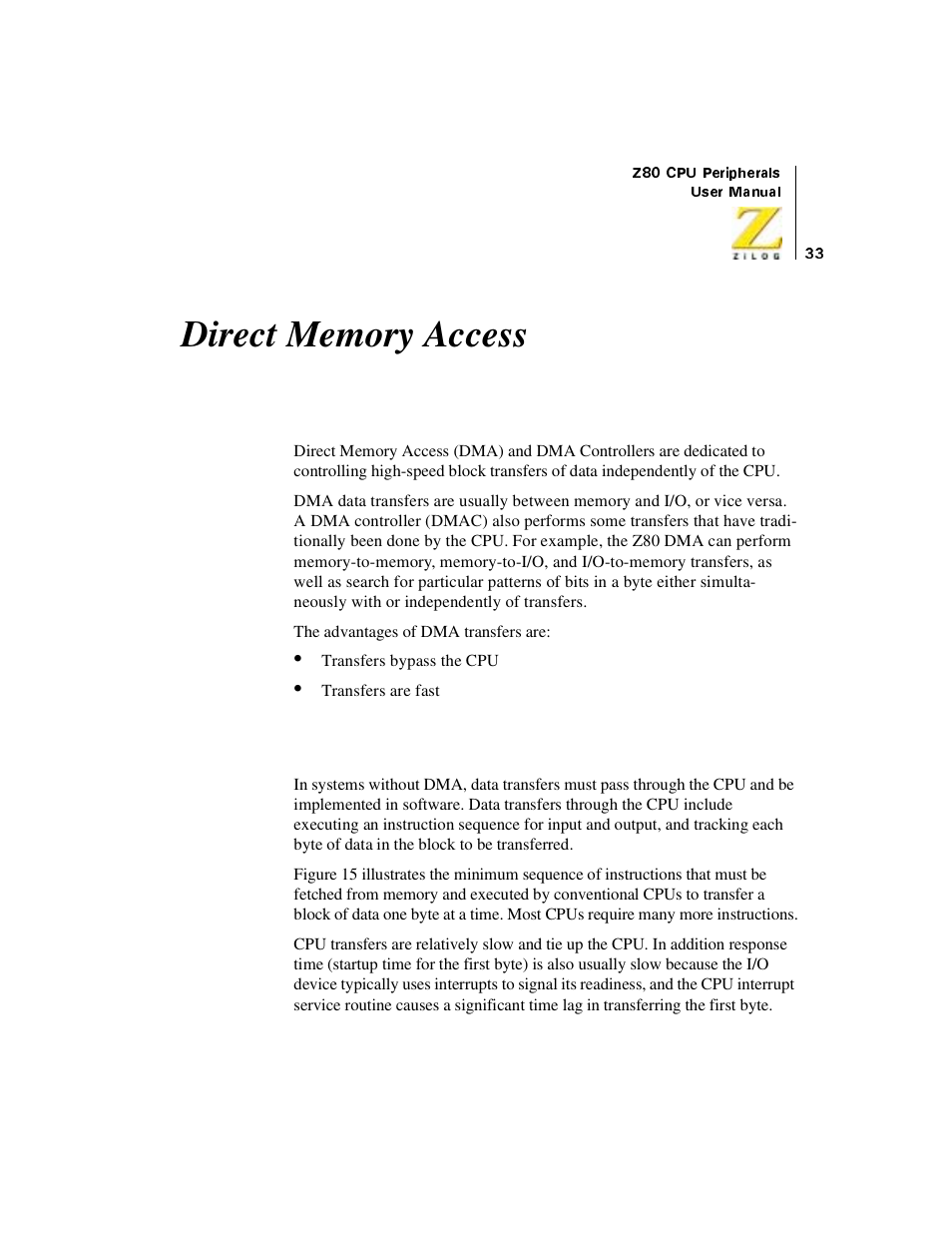 Direct memory access, Dma overview, Cpu data transfers | Zilog Z08470 User Manual | Page 51 / 330
