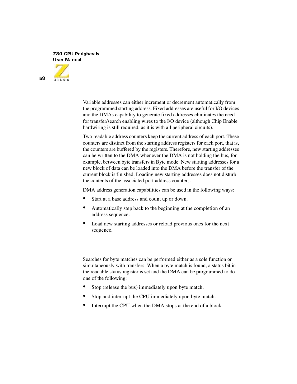 Byte matching (searching) | Zilog Z08470 User Manual | Page 76 / 330