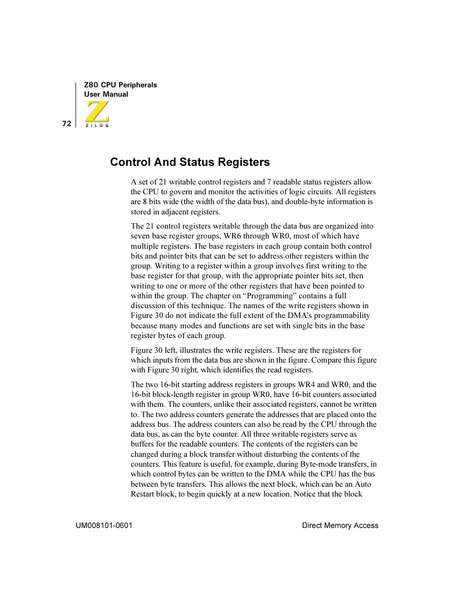 Control and status registers, Figure 29. z80 dma block diagram, Ljxuh | Rqwuro $qg 6wdwxv 5hjlvwhuv | Zilog Z08470 User Manual | Page 90 / 330