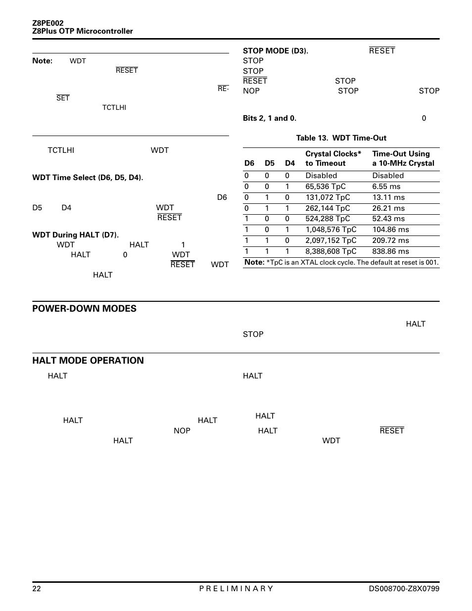 Power-down modes, Halt mode operation | Zilog Z8PE002 User Manual | Page 22 / 48