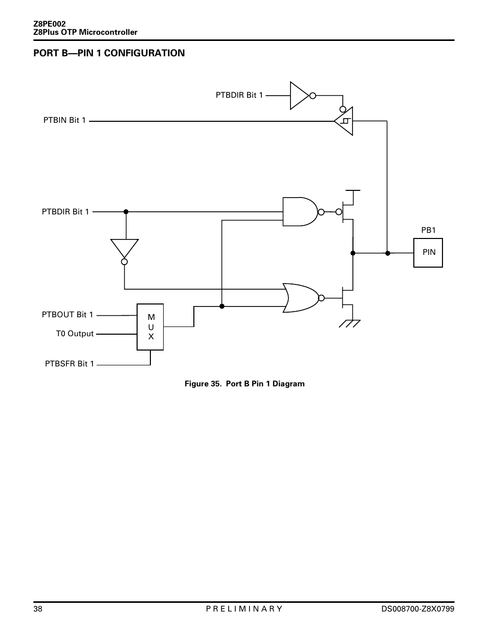 Port b—pin 1 configuration | Zilog Z8PE002 User Manual | Page 38 / 48