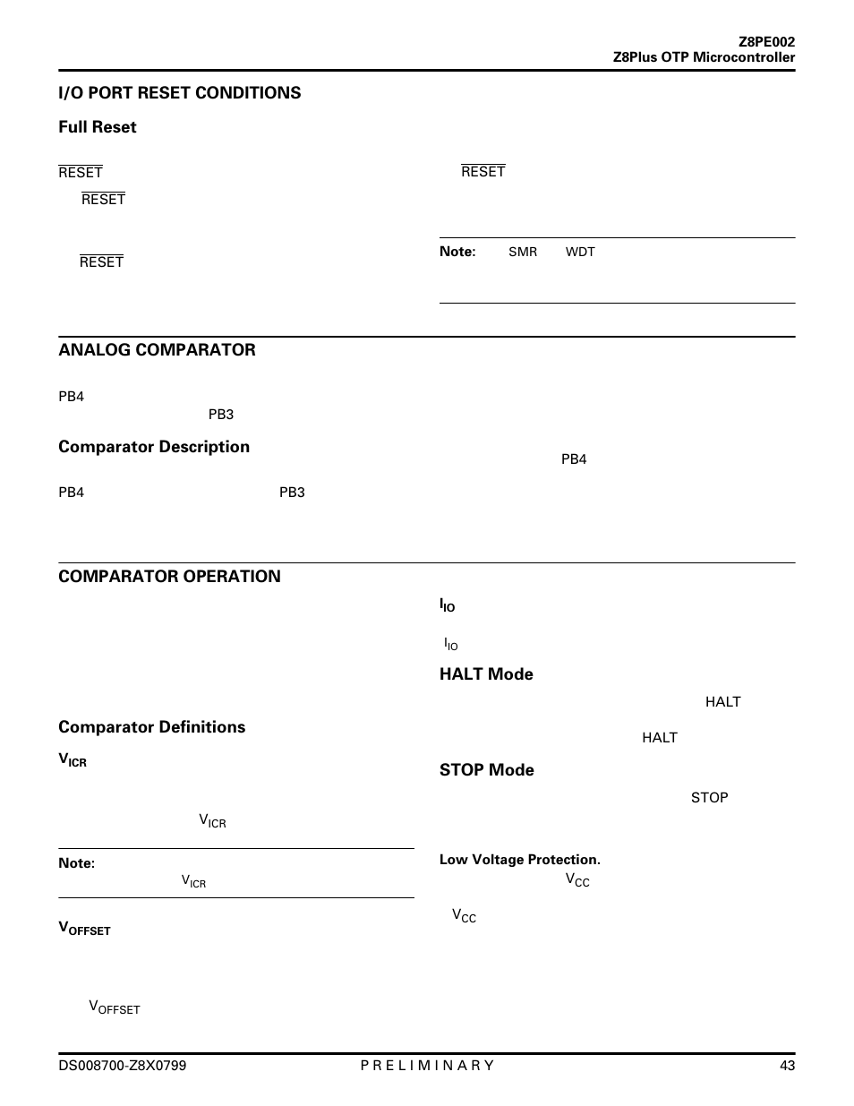 I/o port reset conditions, Analog comparator, Comparator operation | Zilog Z8PE002 User Manual | Page 43 / 48