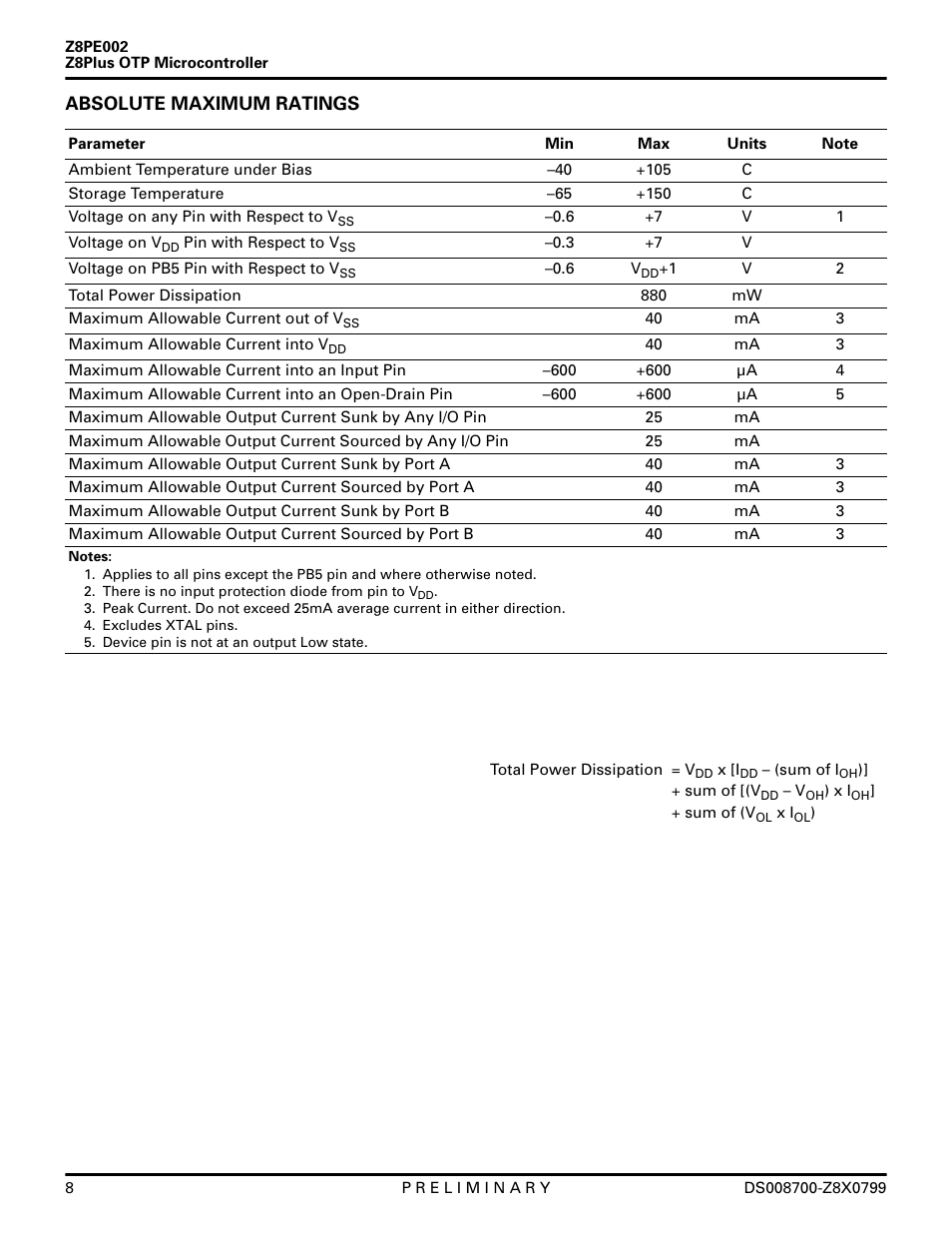 Absolute maximum ratings | Zilog Z8PE002 User Manual | Page 8 / 48