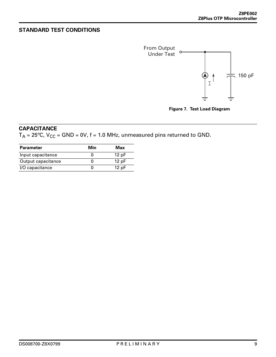 Standard test conditions, Capacitance | Zilog Z8PE002 User Manual | Page 9 / 48