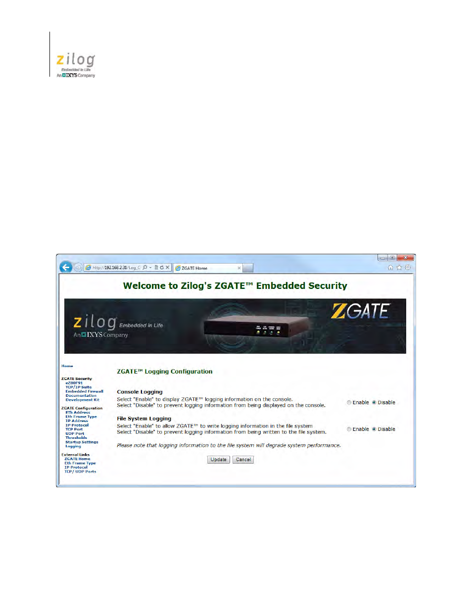 Zgate logging page | Zilog EZ80F91GA User Manual | Page 54 / 127