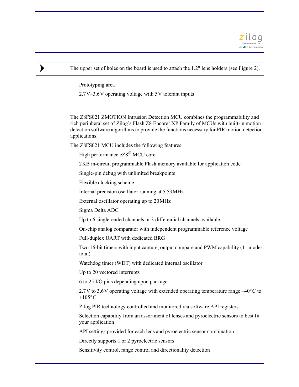 Mcu features | Zilog Z8FS021A User Manual | Page 10 / 25