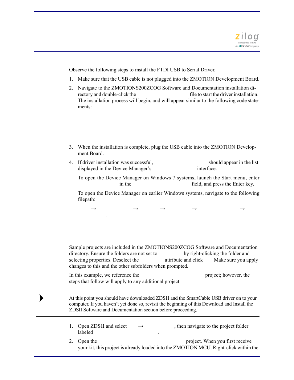 Installing the ftdi usb to serial driver, Downloading and running the sample project | Zilog Z8FS021A User Manual | Page 14 / 25