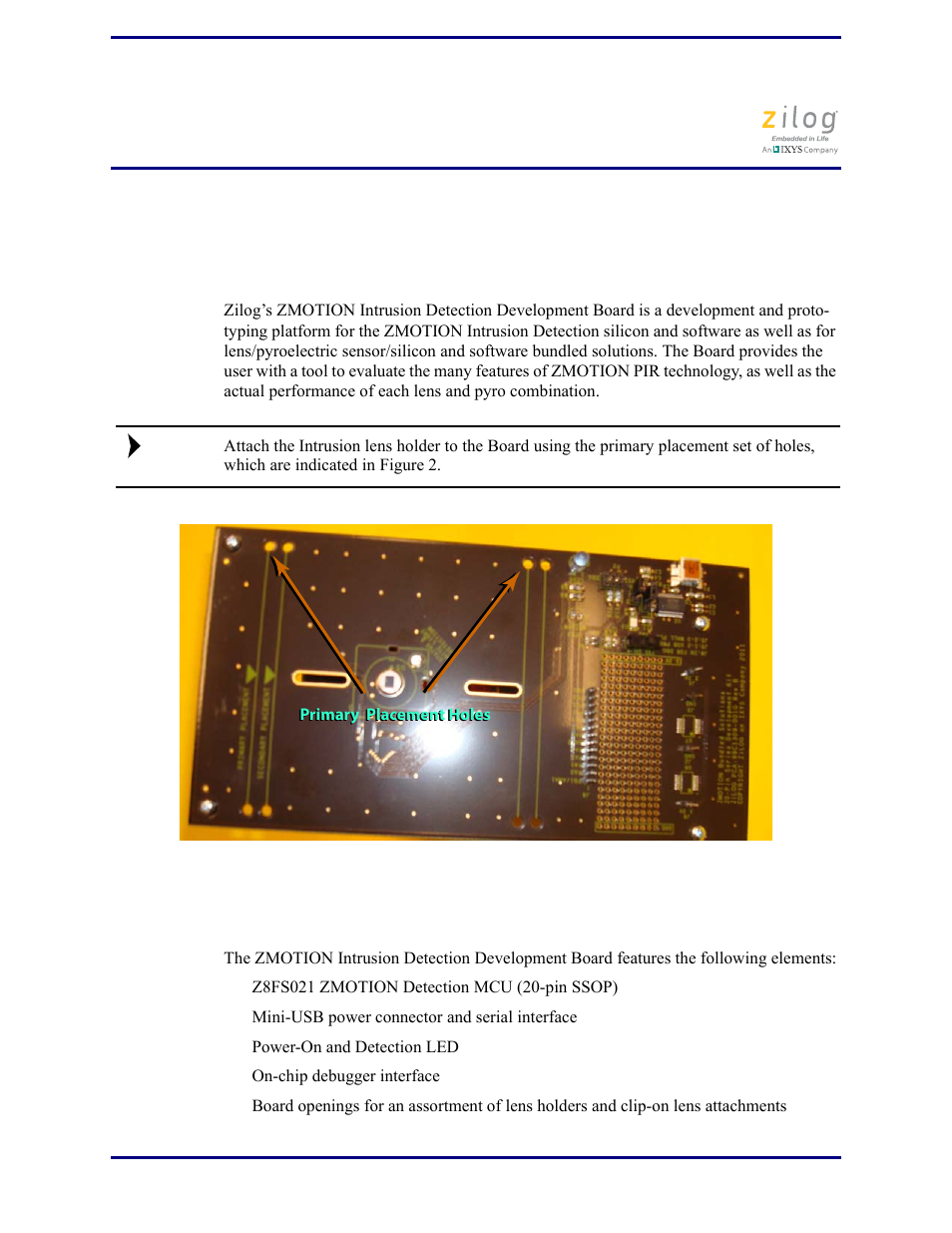 Zmotion intrusion detection development board, Features | Zilog Z8FS021A User Manual | Page 9 / 25