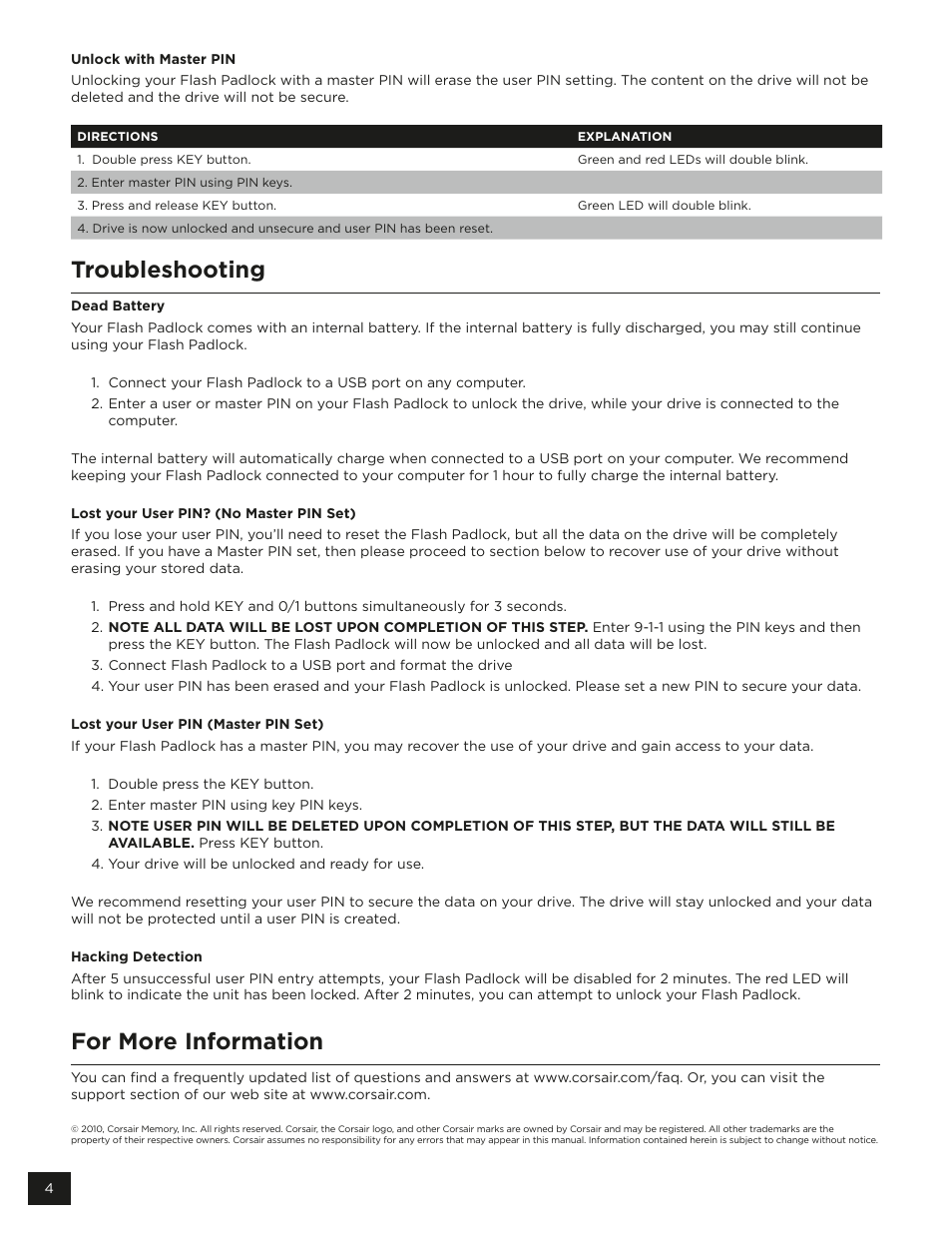 Troubleshooting, For more information | Corsair Padlock 2 User Manual | Page 4 / 4