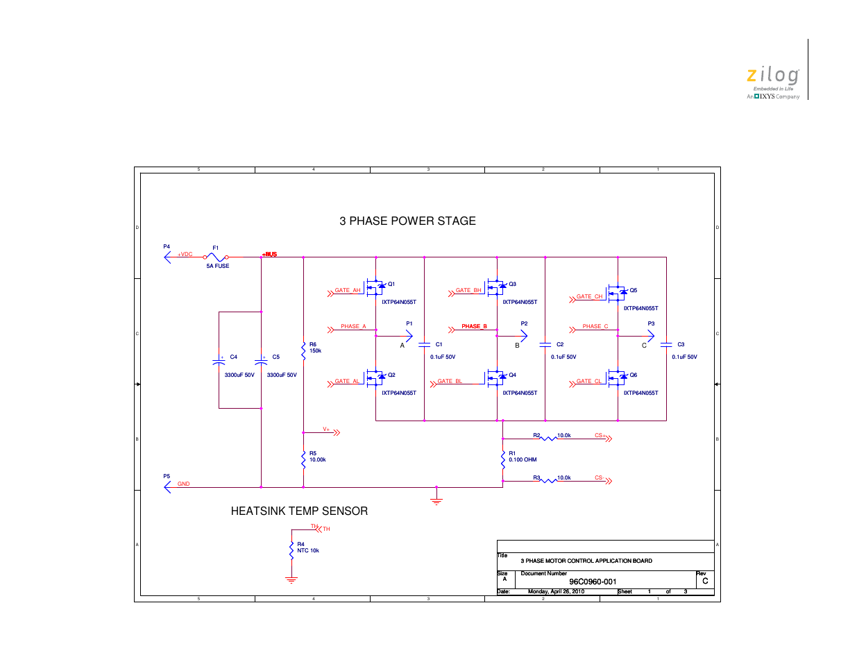 Schematic diagrams, 3 phase power stage heatsink temp sensor | Zilog Z16FMC2 User Manual | Page 19 / 26