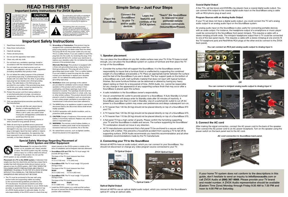 Read this first, Wa r n in g, Important safety instructions | Simple setup – just four steps | ZVOX Audio SoundBase® 570 User Manual | Page 2 / 2