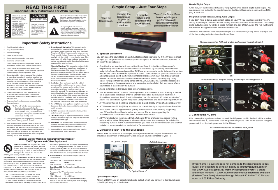 Read this first, Wa r n in g, Important safety instructions | Simple setup – just four steps | ZVOX Audio SoundBase® 350 User Manual | Page 2 / 2