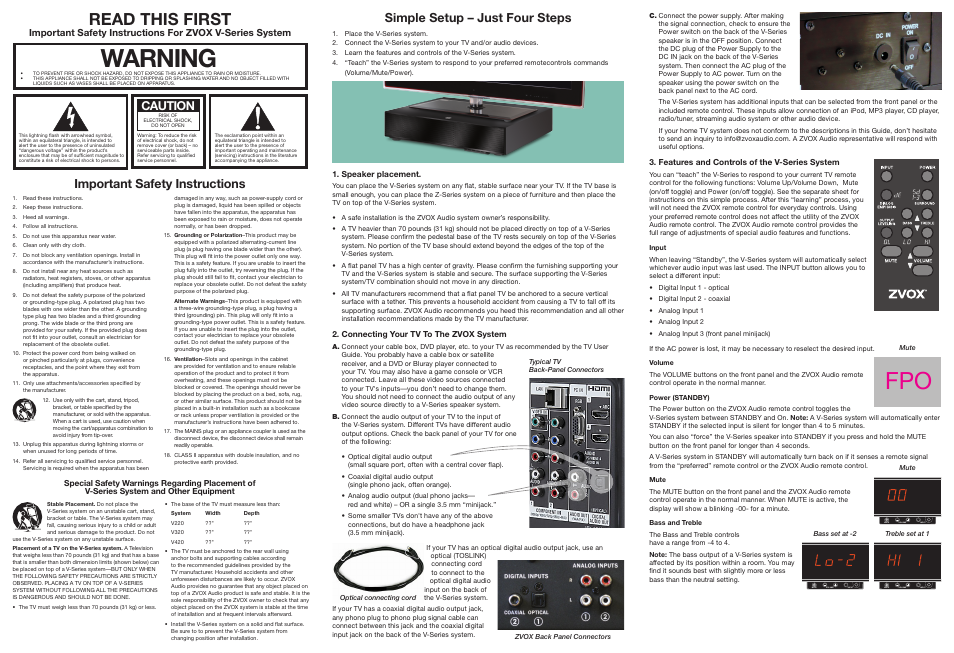 Warning, Read this first, Simple setup – just four steps | Important safety instructions, Caution | ZVOX Audio SoundBase® V Series 220 User Manual | Page 2 / 2