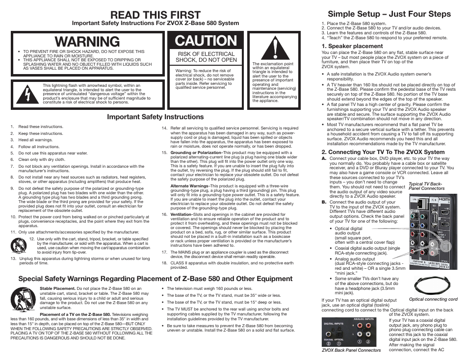 Caution, Warning, Read this first | Simple setup – just four steps | ZVOX Audio ZVOX Z-Base 580 User Manual | Page 2 / 2