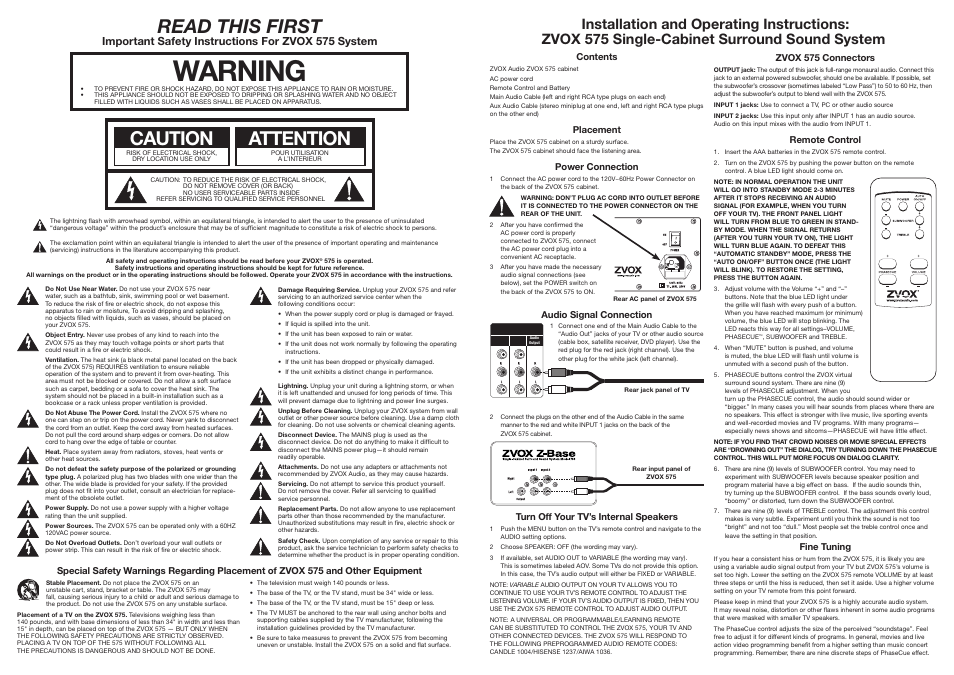 Warning, Read this first, Caution | Attention, Important safety instructions for zvox 575 system | ZVOX Audio 575 User Manual | Page 2 / 4