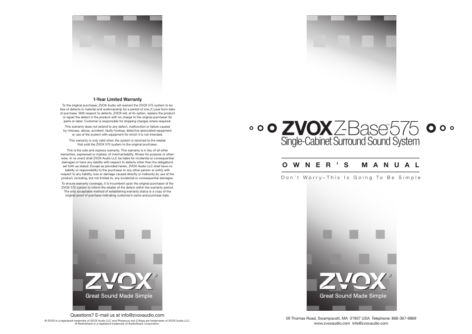 Zvox z-base, Single-cabinet surround sound system | ZVOX Audio 575 User Manual | Page 4 / 4