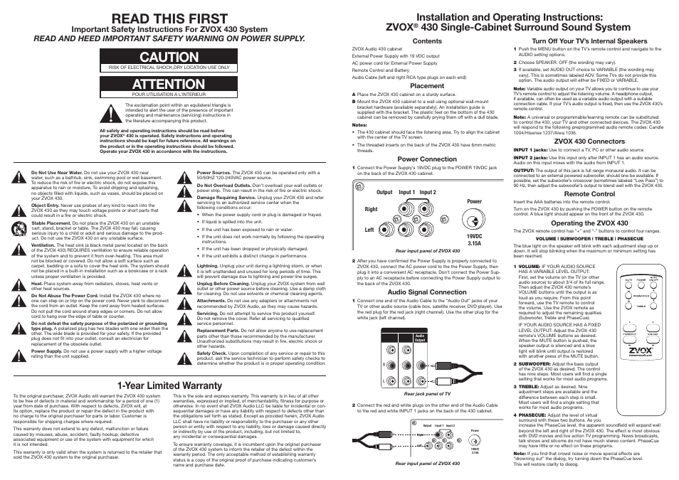 Read this first, Caution, Attention | Installation and operating instructions: zvox, 430 single-cabinet surround sound system, Year limited warranty | ZVOX Audio 430 User Manual | Page 3 / 4