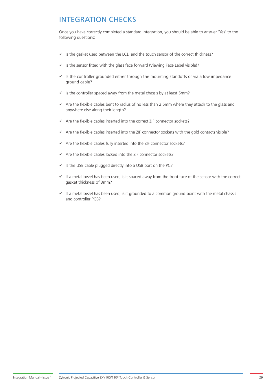 Integration checks | Zytronic ZXY110 User Manual | Page 29 / 42