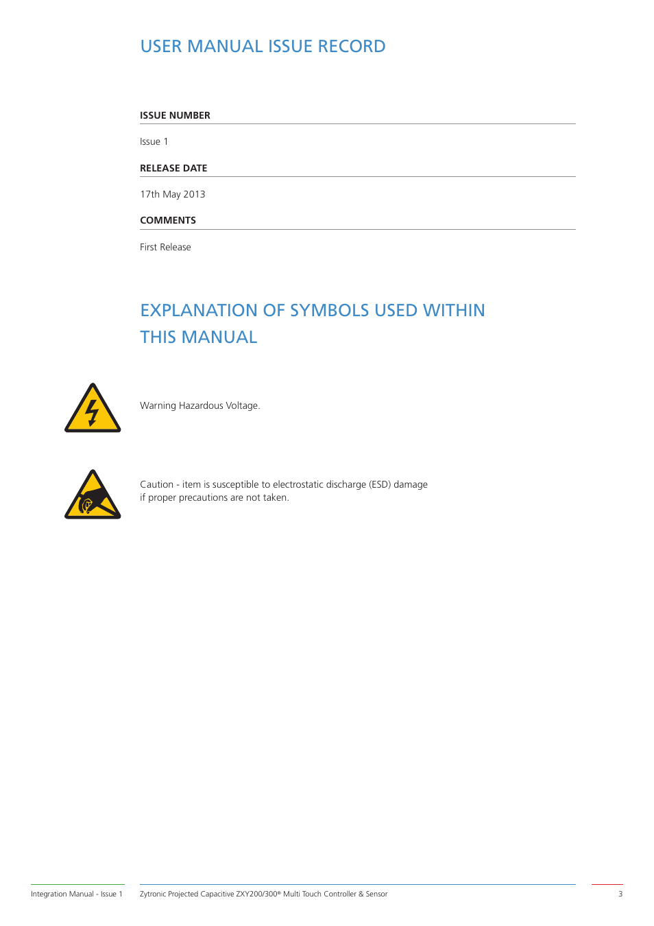 User manual issue record, Explanation of symbols used within this manual | Zytronic ZXY200 User Manual | Page 3 / 34