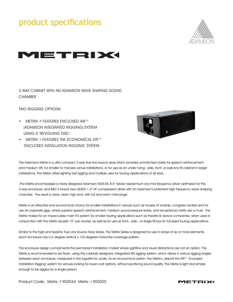 Product specifications | Adamson Metrix User Manual | Page 11 / 22